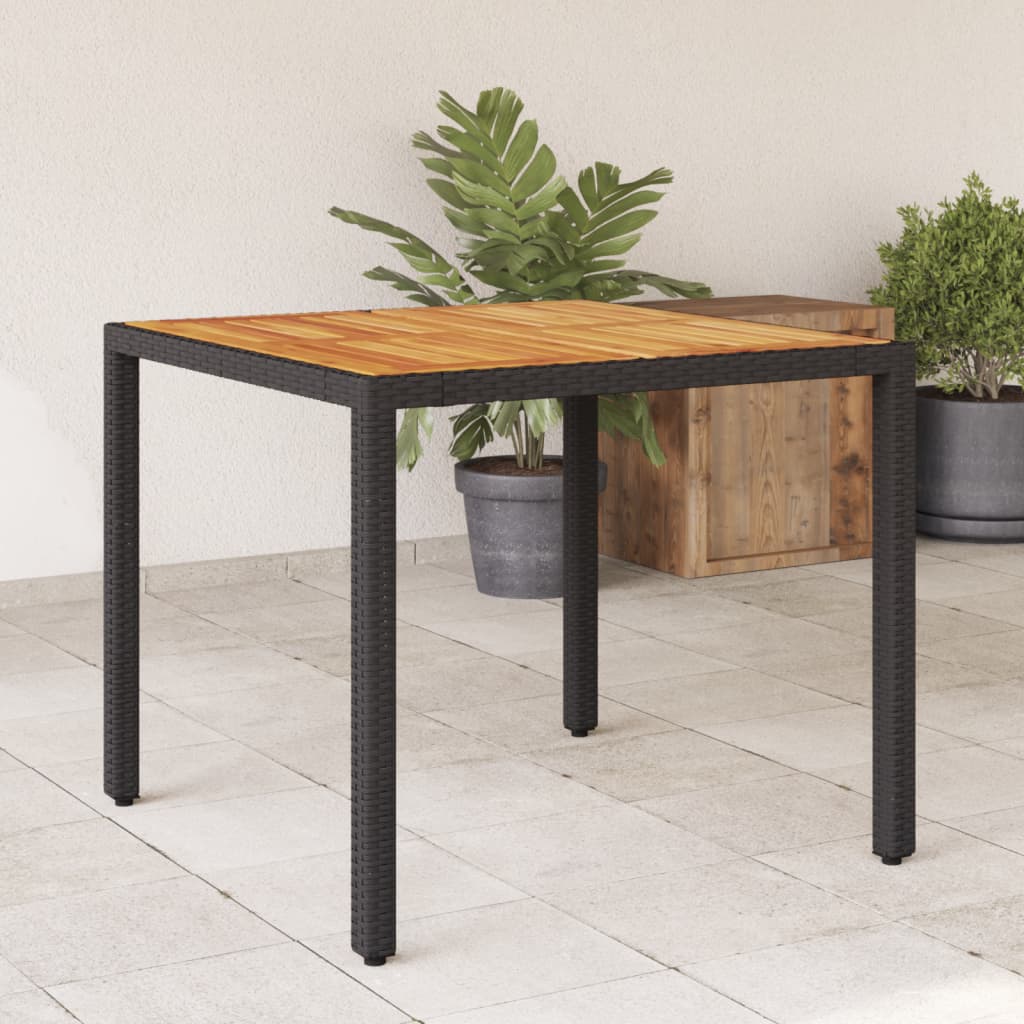 Puutarhapöytä akasiapuu ja polyrottinki musta 90x90x75 cm
