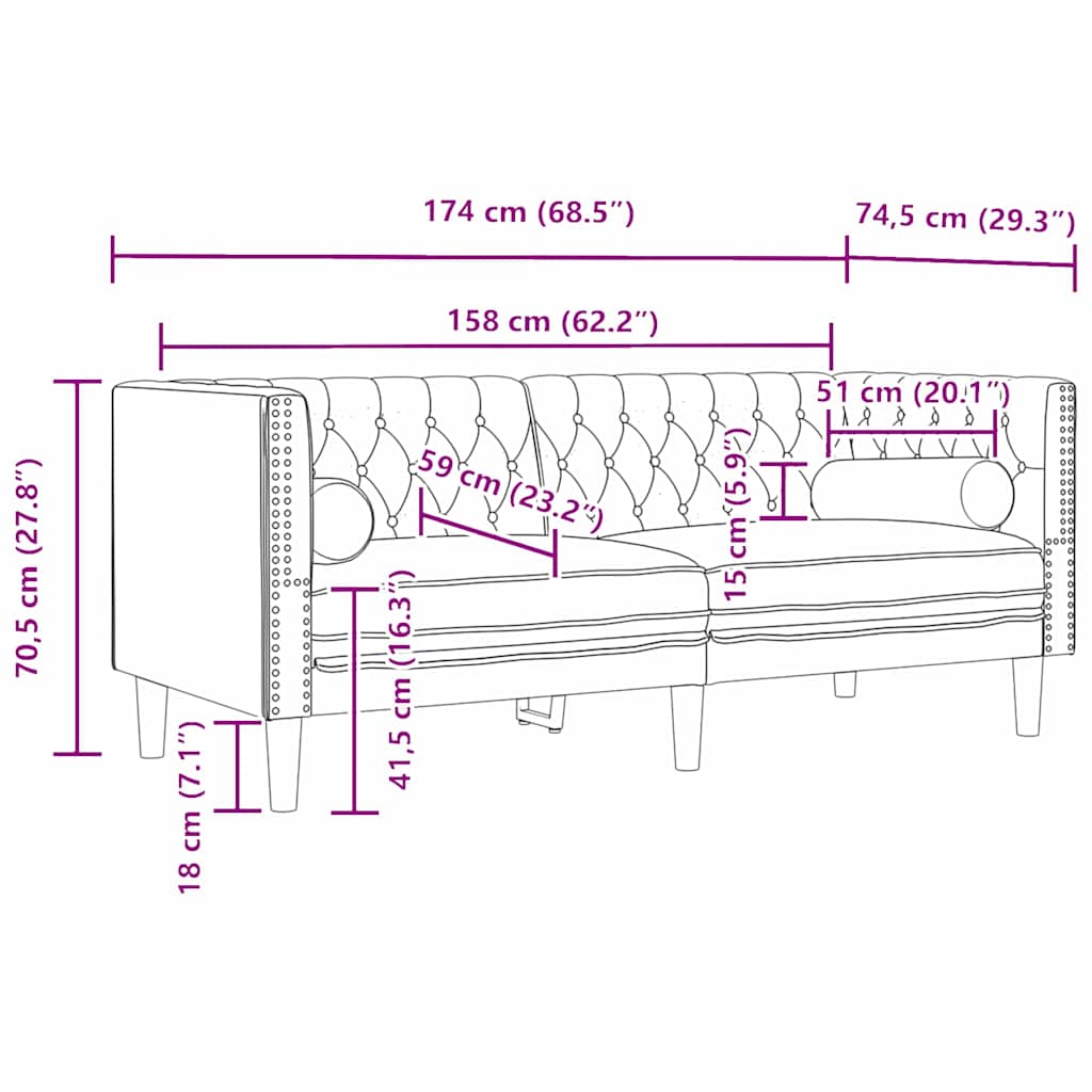 Chesterfield-sohva tyynyllä Musta 174 x 74.5 x 70.5 cm Sametti